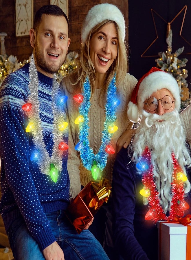 EOBOH Light up Christmas Necklace, 4PCS Tinsel Christmas Necklaces Accessories, 7 Bulb Xmas Red Yellow Blue Green Silver Necklaces Party Supplies, 3 Modes Necklace Accessories for Xmas Ugly Sweater New Year - Image 5